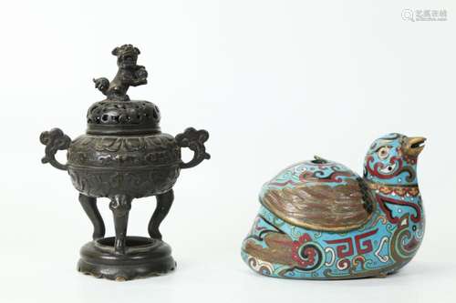 2 Chinese 19 C Bronze or Cloisonne Incense Burners