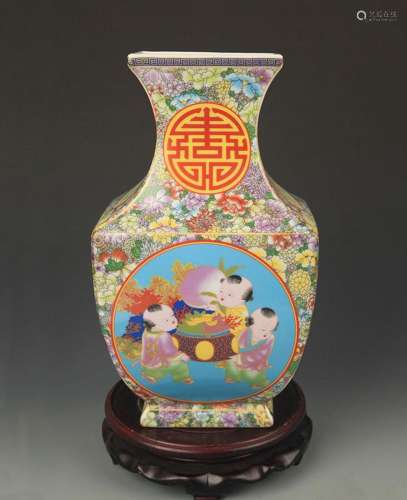 A CLOISONNE COLOR BOY PLAYING SQUARE VASE