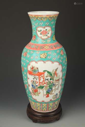 TURQUOISE GROUND STORY PAINTED GUAN Y INCH PORCELA INCH VASE