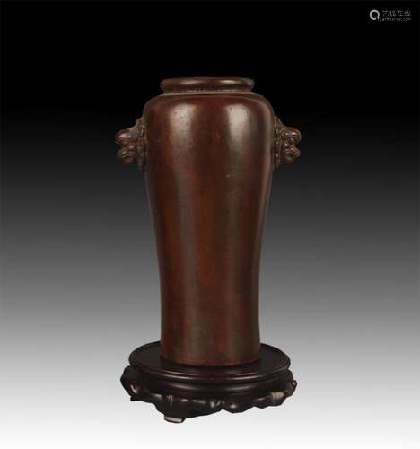 A FINE DOUBLE LION EAR BRONZE VASE