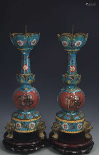 RARE PAIR OF CLOISONNE ENAMEL BUDDHA CANDLE STICK