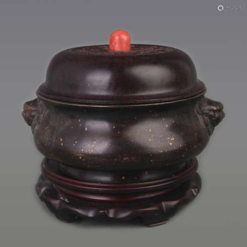 RARE SPRINKLE GOLD BRONZE INCENSE BURNER WITH REDWOOD LID