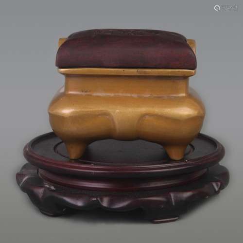 RARE BRONZE SQUARE SHAPED INCENSE BURNER WITH REDWOOD LID