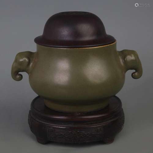 RARE DARK GREEN GLAZED INCENSE BURNER WITH REDWOOD LID