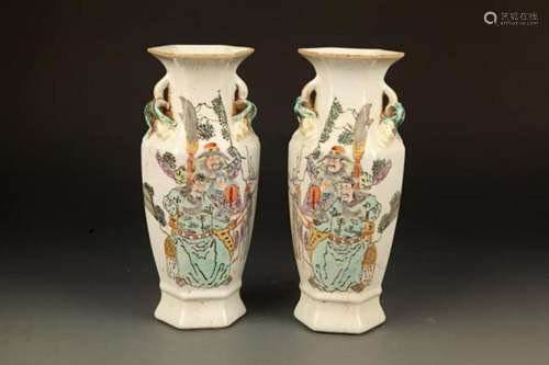 PAIR OF STORY PAINTED SIX SIDE PORCELAIN JAR