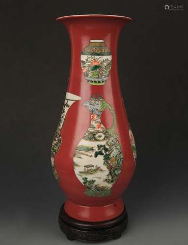 A LARGE RED GLAZE FAMILLE VERTE VASE