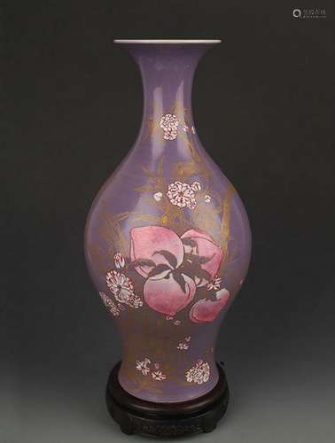 PURPLE GLAZED FAMILLE ROSE PEACH PATTERN OLIVE STYLE VASE