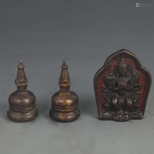 GROUP OF THREE SMALL BRONZE TIBETAN PENDANT