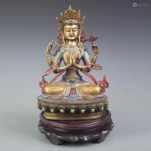 A FINE COLORED BRONZE TIBETAN BUDDHISM FOUR ARM GUAN YIN