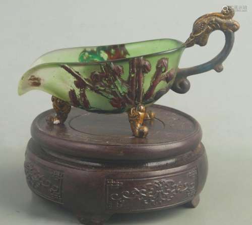 A FINE DRAGON HANDLE STYLE GLASS MADE WINE CUP