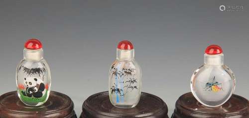 GROUP OF 3 PAINTED GLASS SNUFF BOTTLE