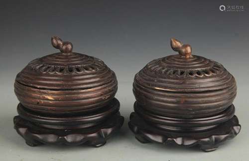 PAIR OF BRONZE FINELY CARVED INCENSE BURNER