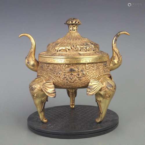 RARE GILT BRONZE ELEPHANT FOOT STYLE BRONZE INCENSE BURNER