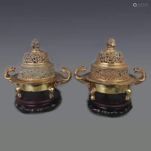 PAIR OF GILT BRONZE DRAGON PATTERN BRONZE INCENSE BURNER