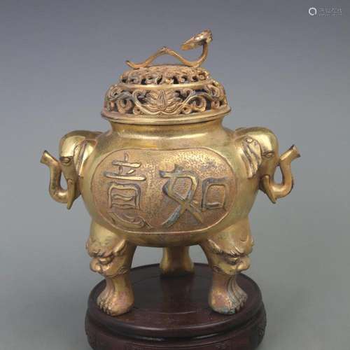 A FINE GILT BRONZE ELEPHANT FOOT STYLE BRONZE INCENSE BURNER