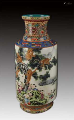 A FAMILLE ROSE MONKEY PATTERN PORCELAIN VASE