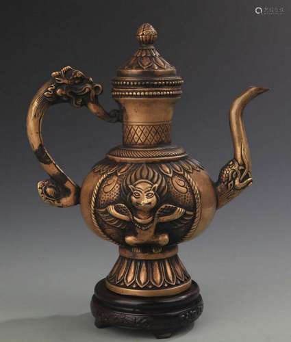 RARE VISHNU GARUDA CARVED BRONZE EWER