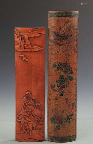 RARE PAIR FINE CHARACTER PATTERN BAMBOO ARM REST