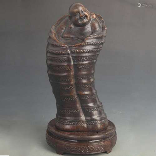 A FINE BAMBOO MADE MAITREYA BUDDHA