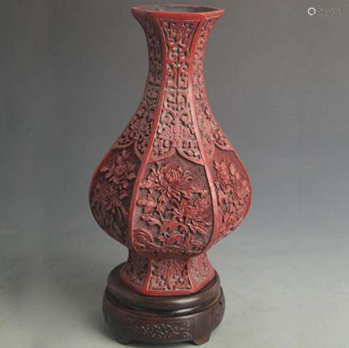 RED CARVED LACQUER FLOWER PATTERN SIX SIDE VASE