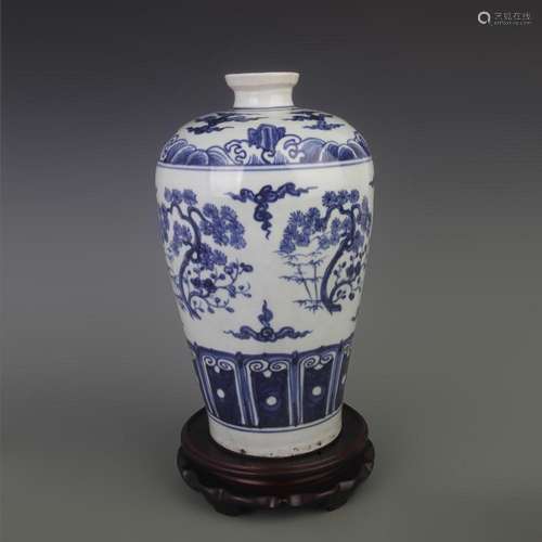 BLUE AND WHITE FLOWER AND BIRD PATTERN MEI STYLE VASE