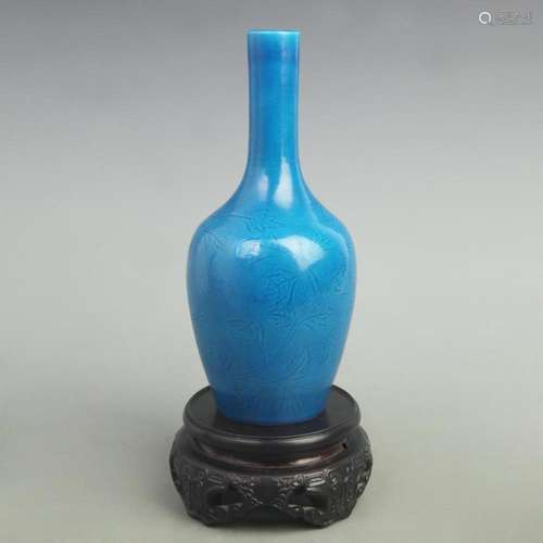 BLUE COLOR GLAZED FLOWER CARVING LONGNECK PORCELAIN BOTTLE