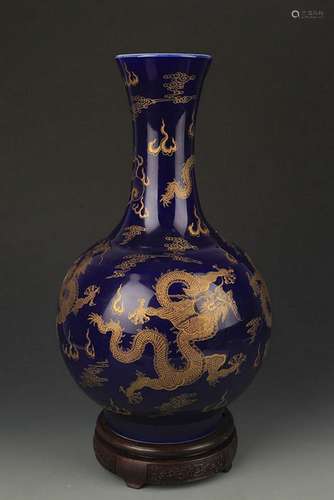 DARK BLUE GLAZED DRAGON PATTERN MOON STYLE VASE