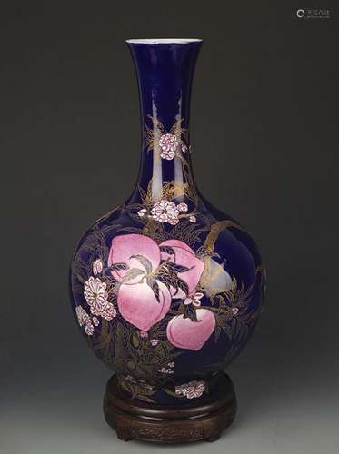 DARK BLUE GLAZED FAMILLE ROSE MOON STYLE VASE