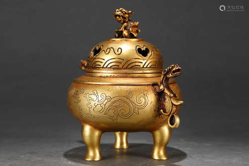旧藏宣德款精铸紫铜胎鎏金双龙戏珠纹螭龙耳熏炉