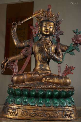 旧藏铜鎏金手工打造一尊四臂文殊菩萨