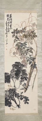 （1844－1927） 吳昌碩 1918 花卉 日本裱軸 設色紙本