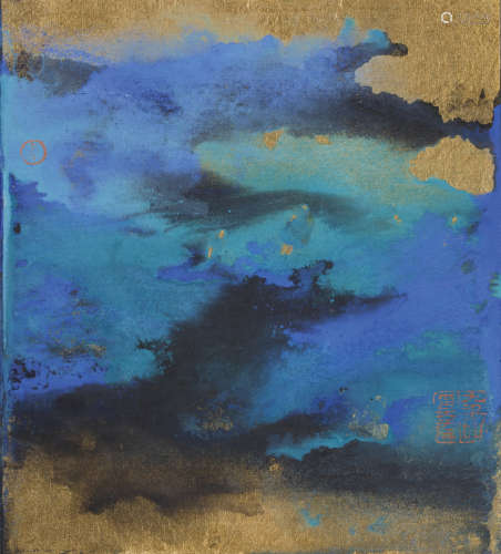 （1898－1983） 張大千 潑彩山水 日本屏風 設色金絹