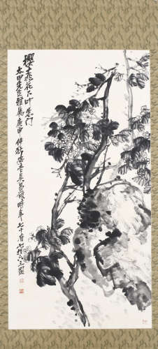 （1844－1927） 吳昌碩 1920 櫻桃花下叩朱門 日本裱鏡片 水墨紙本