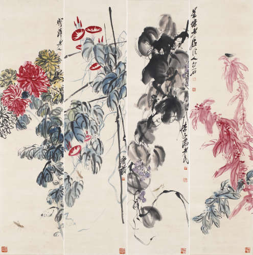 （1864－1957） 齊白石 花卉四屏 軸 設色紙本