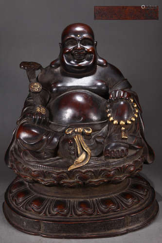旧藏大明永乐款精铸紫铜胎鎏金弥勒佛坐像