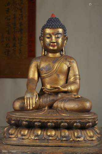 旧藏铜鎏金手工打造一尊释迦牟尼佛