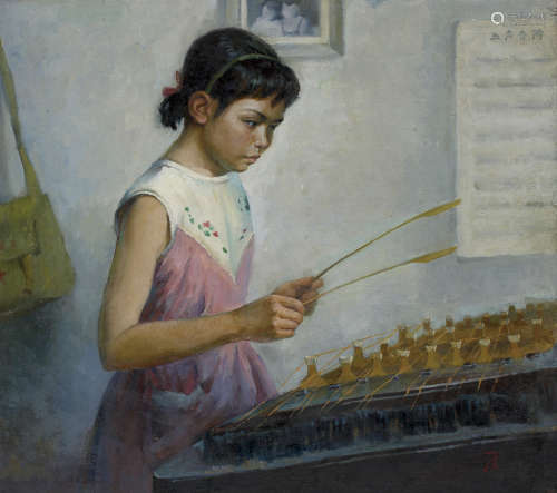 （1913－1996） 劉一層 彈琴的女孩 框 油彩畫布