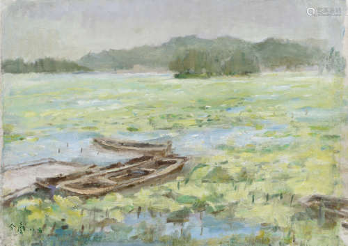 （1912－1993） 萬今聲 1985 湖面扁舟 繃架 油彩畫布