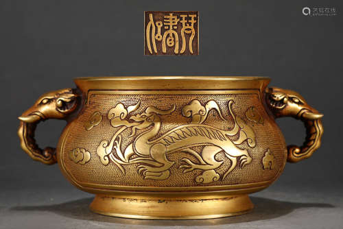 旧藏琴书侣精铸紫铜胎鎏金螭龙纹象首耳炉