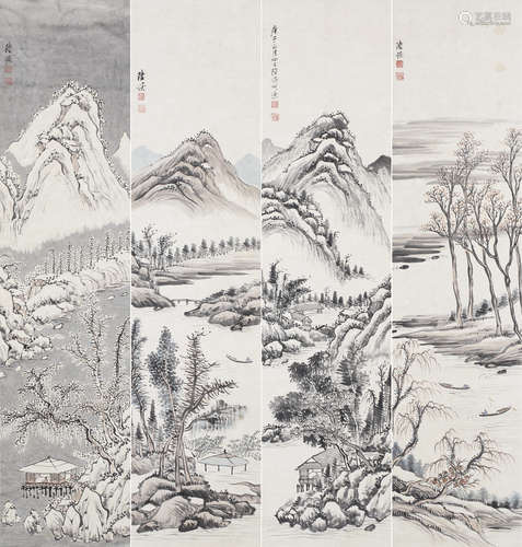 （1851－1920） 陸恢 1900 山水四件 軸 設色紙本