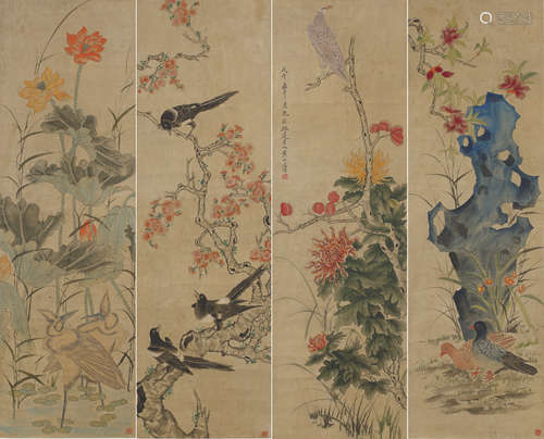 （1855－1919） 黃山壽 1918 花鳥四屏 軸 設色紙本