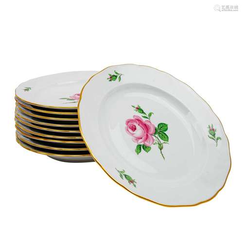 MEISSEN 10 Speiseteller 'Rote Rose', 1. Wahl, 20. Jh.