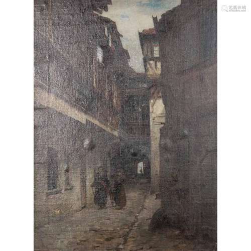 WEBER, PAUL (1823-1916), "Altdeutsche Gasse mit Figuren...