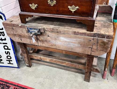 A vintage pine workbench with vice, width 122cm, depth 53cm,...