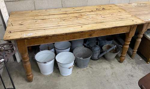 A Victorian and later rectangular pine kitchen table, width ...