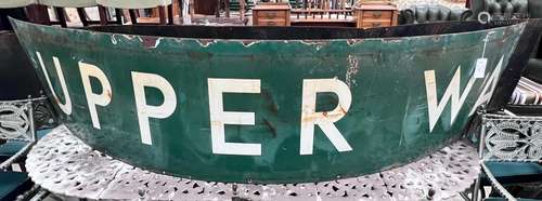 A vintage green and white enamelled railway platform sign fo...