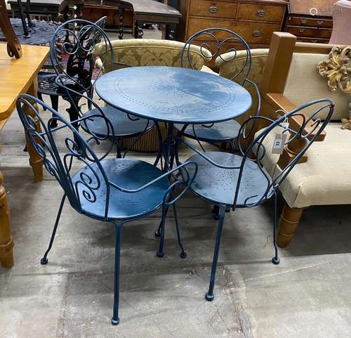 A circular painted aluminium garden table, diameter 70cm, he...