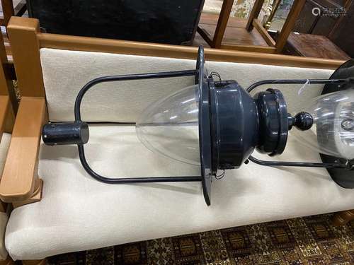 A pair of industrial style lanterns with perspex shades, hei...