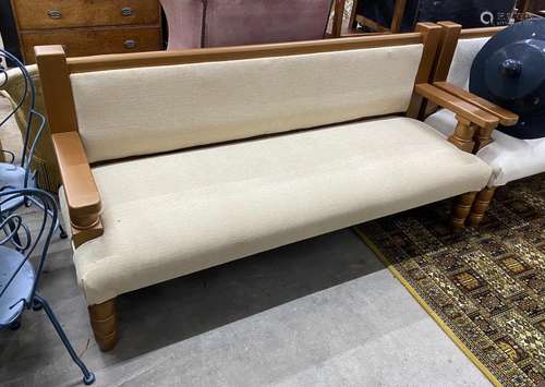 A pair of painted upholstered bench seats, new upholstery, l...