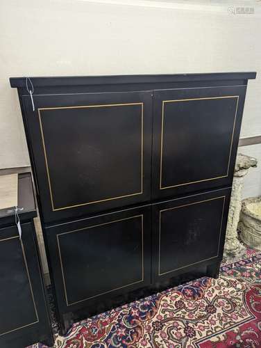 A 20th century black lacquer four door side cabinet, width 1...